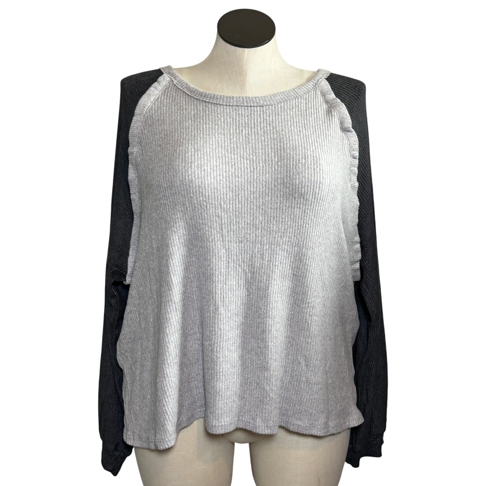 Gilli Womens Gray Ribbed Knit Colorblock Raglan Top Ruffle Trim ET2308 XL NEW